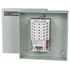 Enclosed mechanically held lighting contactor with 12 poles, rated 30 A and 120V AC, using a 2-wire control. Suitable for switching lighting loads in commercial and industrial buildings, such as office complexes, warehouses, and parking lot lighting systems.