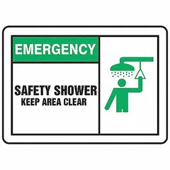 This adhesive vinyl sign measures 3 1/2 in x 5 in with a thickness of 0.02 in. It is designed to mark emergency safety shower areas, indicating that the area must be kept clear. The sign is not retroreflective, not glow-in-the-dark, and has no anti-slip surface. Sold in a pack of 5.