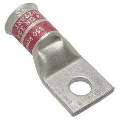 Copper compression lug for terminating 350 kcmil stranded copper wire to a 1/2 in stud. One-hole, standard-barrel design. Used in power distribution, switchgear, and industrial electrical connections for reliable terminations.