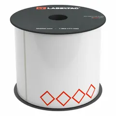 GHS die-cut label supply roll with pre-printed red GHS diamonds on vinyl and acrylic adhesive. Compatible with LabelTac 4 printer series. Designed for on-demand chemical labeling of secondary containers, pipes, or storage areas without pre-printed legends.