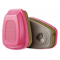 NIOSH-rated Organic Vapor (OV) combination cartridge with bayonet connection for 3M 7500 Series reusable respirators. Magenta color code. Pack of 60. Suitable for use in environments with organic vapor hazards.