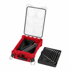 This 15-piece set includes metric 12-point combination wrenches with a chrome finish, covering head sizes from 8 mm to 22 mm. The wrenches are tether-ready for drop prevention in elevated work. Suitable for tightening and loosening fasteners in mechanical assembly and maintenance tasks.