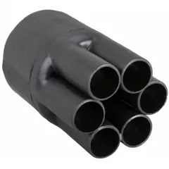 Black heat shrink breakout boot for sealing and protecting cable splices and terminations. Inner diameter before shrinking is 2.39 in, after shrinking is 1.45 in. Used for environmental sealing and strain relief at cable breakout points in electrical and industrial applications.