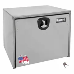 This single drop-down door box from BUYERS PRODUCTS is designed for underbody mounting on trucks and service vehicles. It features a silver finish, an 18-inch overall depth, and a keyed lock for secure storage of tools and equipment.