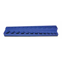 Blue polypropylene socket tray with 24 posts/slots for organizing standard and deep sockets. Overall width of 14 inches. Magnetic back allows secure attachment to metal toolboxes or workbenches. Suitable for workshop, garage, and industrial maintenance environments.