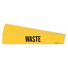 Yellow adhesive pipe marker with black 'Waste' legend, designed for pipes with outer diameter 2-1/2 to 7-7/8 inches. Supplied in a 5-pack without directional arrows, it provides clear identification for waste piping systems in industrial facilities.