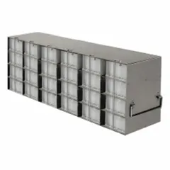 This stainless steel freezer rack is designed for organizing and storing items in cold storage environments. It includes locking rods to secure contents during transport or storage. Overall width is 5 1/2 inches.