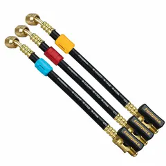 Three 8-inch black rubber hoses with 45° angle and integrated ball valve. Includes valve for controlled flow. Used in HVACR evacuation and charging procedures.