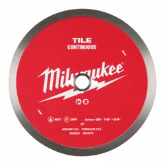 This 7-inch diamond blade features a continuous rim for wet or dry cutting. It is designed for use on angle grinders to cut granite, marble, porcelain, and tile. Suitable for masonry, renovation, and tile-installation tasks requiring clean, chip-free cuts.