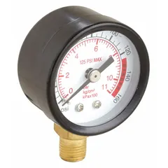 This SPEEDAIRE pressure gauge is a direct-mount instrument used for measuring line pressure in air compressor systems. It is suitable for monitoring pneumatic equipment in industrial maintenance and manufacturing applications.