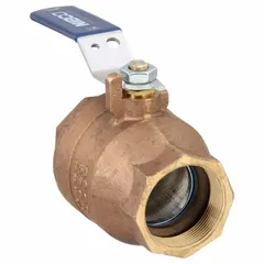 Two-way bronze ball valve with straight body and female NPT threaded ends. Lever handle for manual operation. Rated for 600 psi CWP. Suitable for on-off or diverting flow in water, oil, and gas piping systems.