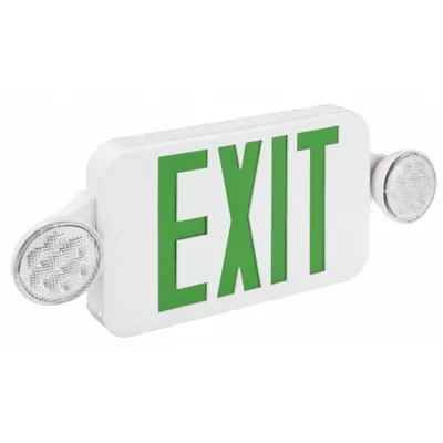 COMPASS Exit Sign with Emergency Lights: White, 1 or 2 Faces, Green, LED, Ceiling/Wall - Plastic Exit Signs with Round Side-Mount Light Heads