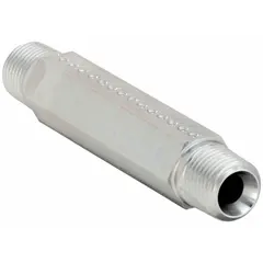 Steel straight pipe fitting with 1/8 in male NPT threads on both ends. Rated for maximum operating pressure of 6,000 psi. Used to connect two male-threaded pipes in a straight line in hydraulic and high-pressure fluid systems.