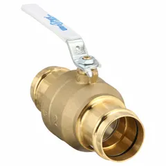 This 2-inch full-port brass ball valve features a straight body with press x press connections for fast, reliable installation without threading or welding. The locking lever handle provides secure manual on/off flow control. Suitable for commercial and industrial water, gas, and oil systems, including HVAC, plumbing, and process piping applications.