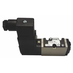 Five-way, two-position directional control valve with spring return and single solenoid. Operates on 110V AC with internal pilot and non-locking terminal block. Suitable for directing compressed air in automated machinery and industrial actuators.