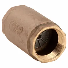 Inline check valve with poppet design for backflow prevention. Lead-free bronze body with 2 in female NPT threaded connections. Suitable for water, HVAC, and industrial piping systems.