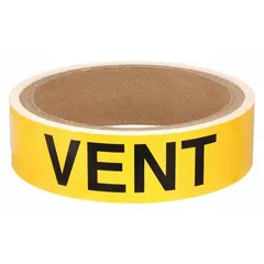 Yellow adhesive pipe markers with yellow legend text reading 'Vent' and arrows indicating flow direction. Each roll contains 25 markers designed for pipe outer diameters of 1-1/2 to 2 inches. Used to label vent pipes in industrial facilities for clear identification of pipe contents and flow direction.