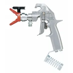 This GRACO airless spray gun is constructed of steel and features a 1/4 in NPSM air inlet. It includes a tip guard and is designed for applying coatings in industrial finishing, maintenance, and contractor applications.