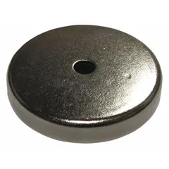 Round cup ceramic magnet with steel housing, 1 13/64 in outside diameter and 0.18 in thickness. Provides 7 lbf maximum pull force. Used for holding, lifting, or positioning ferrous parts in light-duty industrial fixturing, assembly, and material handling applications.