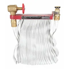 Fire hose pin rack assembly for storing and deploying 100 ft of fire hose. Includes a brass nozzle and the fire hose. Dimensions: 20 in x 4 in x 28 in. Used in commercial, industrial, and municipal fire-protection systems for quick emergency access.