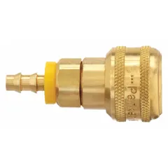 Brass push-to-connect coupling body with 1/4 in male hose fitting for industrial interchange air-line systems. Designed for quick, secure connections in pneumatic tool and equipment lines. Suitable for compressed air applications in manufacturing and maintenance environments.