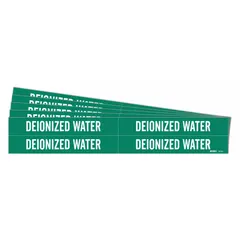 Green pipe markers with white legend reading 'Deionized Water', designed for pipes with outer diameters from 3/4 to 2-3/8 inches. Each pack contains 4 markers without directional arrows, supplied in a 5-pack configuration. Used to identify pipes carrying deionized water in industrial facilities for safety and compliance.