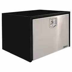 This steel single drop-down door box is designed for underbody mounting on trucks, providing secure storage for tools and equipment. It features a gloss black/silver finish and a keyed lock for security. Overall depth is 14 inches.