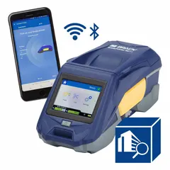 This Bluetooth-connected portable printer prints 2" labels and self-laminating cable wraps for facility identification tasks. It operates via AC adapter or USB cable and includes a battery, USB cable, and Brady Workstation Safety and Facility Identification Software Suite. Typical applications include industrial labeling, electrical panel marking, and asset tracking.