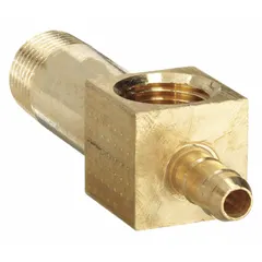This low-lead brass barbed tube fitting features a 1/4 in ID barbed end and two 5/32 in male NPT threaded ports in a rigid tee configuration. It is used to join three tubing lines in pneumatic or fluid-handling systems, such as instrumentation, lubrication, and control circuits.