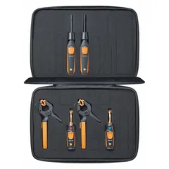 Wireless refrigeration diagnostic kit from the Smart Probes series. Includes two Testo 549i High-Pressure Gauges for measuring pressure, temperature, and humidity. Compatible with the measureQuick app for data analysis. Used for HVAC/R system diagnostics such as superheat and subcooling checks.