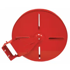 Wall-mount fire hose reel with solid frame construction. Hose capacity of 100 ft for 1-1/2 in I.D. hose. Dimensions: 25 in x 6 1/4 in x 29 in. Fire hose not included. Suitable for storing and deploying fire hose in industrial, commercial, and warehouse settings.