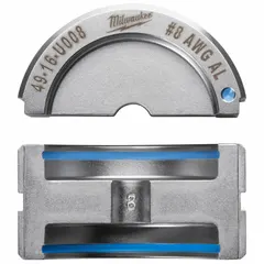 Replacement upper and lower crimping die set for 8 AWG wire. U Style dies for use with MILWAUKEE tool models 2679-20 and 49-16-U000. Suitable for electrical wire and cable crimping applications.