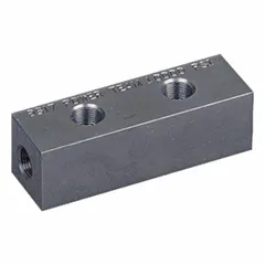 Steel valve manifold with 3/8" NPTF port connections. Used in hydraulic systems to mount and distribute fluid to valves. Suitable for high-pressure circuits up to 10,000 psi.