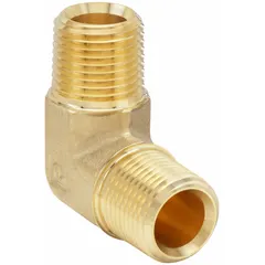 This brass 90° elbow is a threaded extreme-pressure hydraulic pipe fitting with 3/8 in male NPT connections on both ends. It is rated for a maximum operating pressure of 3,900 psi and is used to change flow direction in high-pressure hydraulic systems.
