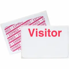 Clip-on ID badge made of white vinyl with a red 'Visitor' legend. Each badge measures 2 inches in height and 3 inches in width. Supplied in a 500-pack for temporary visitor identification in facilities, offices, or plants.