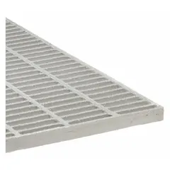 Fiberglass molded grating with impact-resistant construction, rated for food-grade applications. Nominal size 4 ft x 4 ft (width x length). Suitable for use as a non-conductive, corrosion-resistant walking surface in wet or sanitary industrial environments.