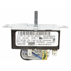 Replacement timer for Whirlpool washing machines and dryers. Controls the cycle sequence, advancing the appliance through wash, rinse, and spin stages. Suitable for use in commercial and industrial laundry applications.