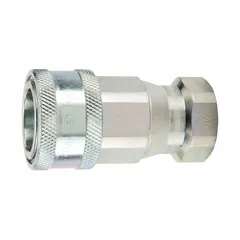 Steel hydraulic quick-connect coupling body for connecting and disconnecting hydraulic lines without tools. Features 1/4-18 female NPTF threads and a maximum flow rate of 3 g/min. Suitable for industrial fluid power systems requiring a 1/4 in coupling size.