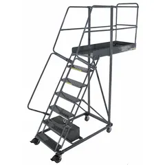 This unsupported cantilever ladder is constructed of steel with a gray finish. It features a 5.8 ft platform height, double handrails, and locking casters for mobility and stability. The unit is supplied unassembled. Typical applications include industrial access tasks such as reaching overhead storage or equipment in warehouses and maintenance areas.