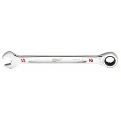 This SAE 12-point ratcheting combination wrench features a 1/2 in head size and is constructed from chrome vanadium steel with a chrome finish. It is designed for standard fastening applications such as tightening or loosening bolts and nuts in maintenance, assembly, and repair tasks.