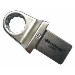 Interchangeable torque wrench head with 12-point box end configuration for secure engagement on 15 mm fasteners. Features a 14mm x 18mm drive size for use with compatible torque wrenches. Commonly applied in automotive, industrial, and maintenance tasks requiring precise torque control.