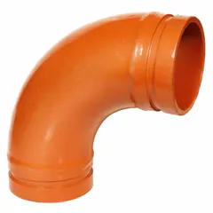 This grooved pipe fitting is a 90° long radius elbow made of ductile iron. It is designed for use in piping systems where a change in flow direction is required, with the long radius reducing turbulence and pressure drop. Rated for maximum operating pressure of 300 psi at 150°F, it is suitable for various fluid handling applications.