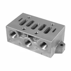 This subbase serves as a mounting base for pneumatic valve manifolds, providing structural support and air passages for modular valve assemblies. It is used in industrial automation systems to organize and distribute compressed air to multiple valves.