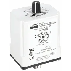 Socket-mounted single-function time delay relay with 8 pins/terminals. Operates on 12V DC and rated for 10 A. Configured for interval timing operation. Used in industrial control panels for applications such as conveyor systems, packaging machinery, and HVAC equipment.