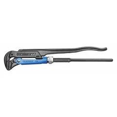 Swedish pipe wrench with serrated, plier-type jaws for gripping and turning pipes, fittings, and round objects. Alloy steel construction. Overall length 17 in, jaw capacity 1 1/2 in. Suitable for plumbing, mechanical, and industrial maintenance and installation tasks.