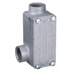 Iron conduit outlet body with LL body style, 1/2 in trade size, threaded female hubs, and flat back. Includes cover. Triple coat epoxy coating. For use with RMC in hazardous locations (UL Listed Class I, Div 1&2, Group D; Class II, Div 1&2, Groups E,F,G; Class III).