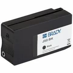 Black ink cartridge for use with Brady J5000 printer series. Provides black ink output for industrial labeling tasks such as asset identification, safety signs, and wire/cable marking in manufacturing and facility environments.