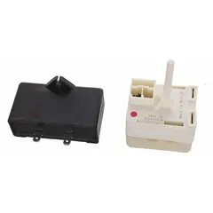 Start device for refrigerators and freezers. Combines relay and capacitor to provide electrical boost for compressor motor startup. Supports reliable cooling operation.