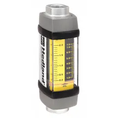 Scale-type, variable area, inline flowmeter for petroleum fluids. Features +/-2% accuracy, Viton seals and O-rings, and universal mounting orientation. Measures flow in gallons with NPTF connections. Suitable for industrial fluid power systems and lubrication circuits.