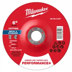 General purpose cut-off wheel for carbon and stainless steel. Type 27 design with aluminum oxide abrasive and 46 grit. Dimensions: 6" diameter, 0.045" thickness, 7/8" arbor hole. Suitable for cutting and slotting in metal fabrication and maintenance applications.